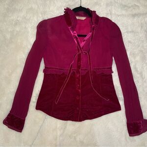 Sz Small Cara Disposition Tie Neck Button velvet Sheer Cranberry Ref Blouse
